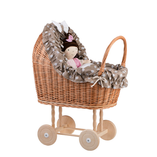 Lulu carrozzina in vimini per bambole con rifinitura beige, copertina e cuscino TheWickerStories
