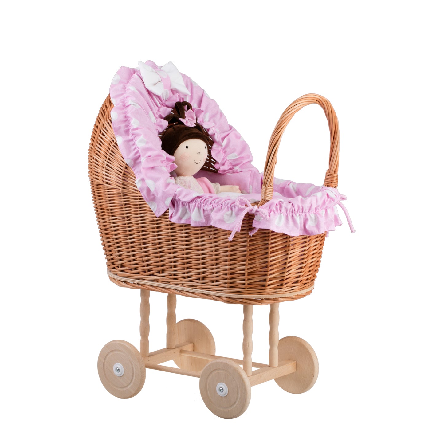 Lulu coche de mimbre para muñecas con ribete rosa, edredón y almohada