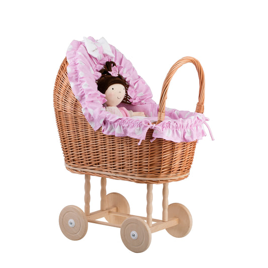 Lulu wicker doll stroller with pink trim, blanket, and pillow TheWickerStories