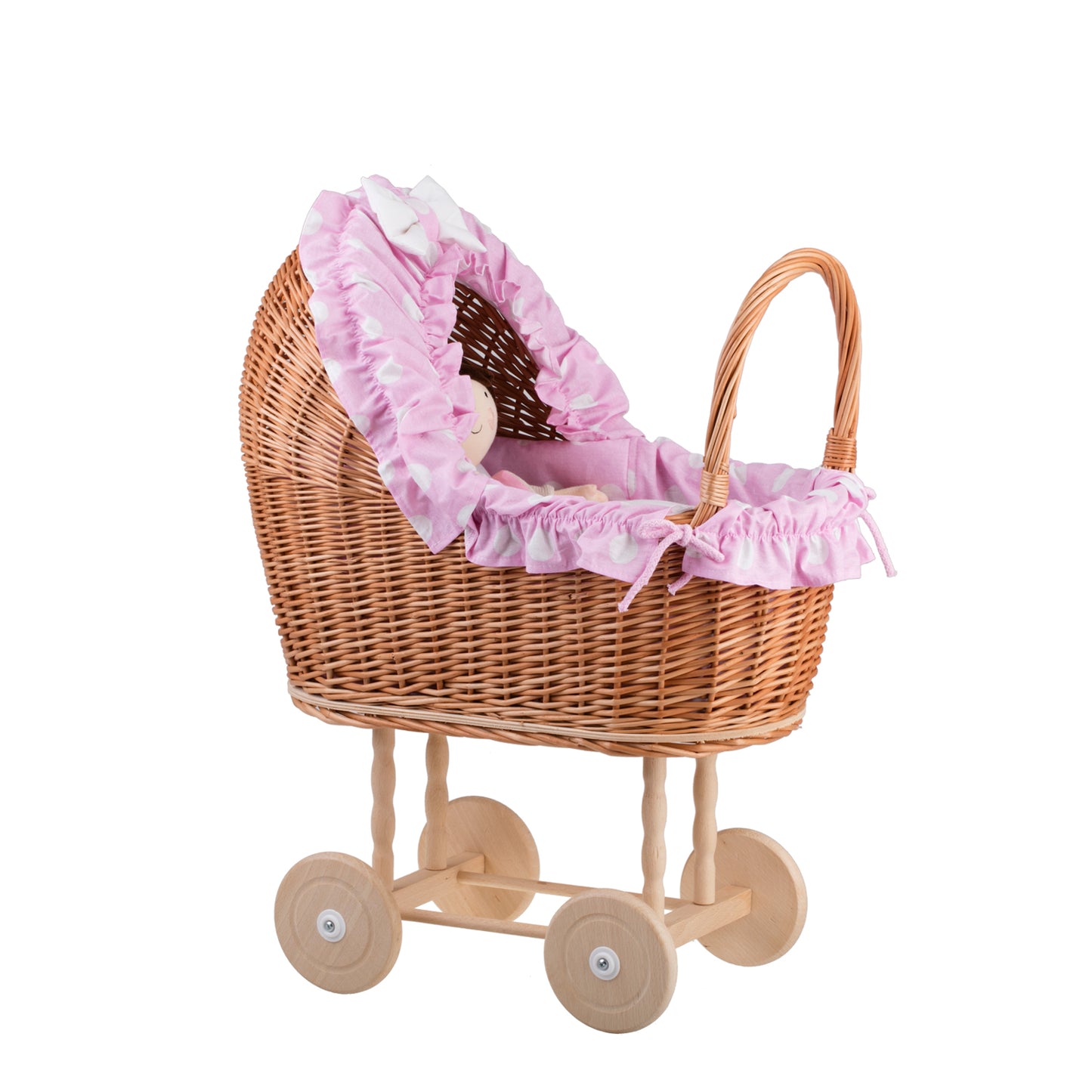 Lulu coche de mimbre para muñecas con ribete rosa, edredón y almohada