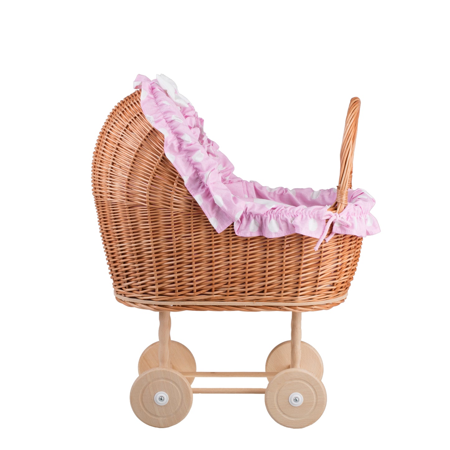Lulu coche de mimbre para muñecas con ribete rosa, edredón y almohada