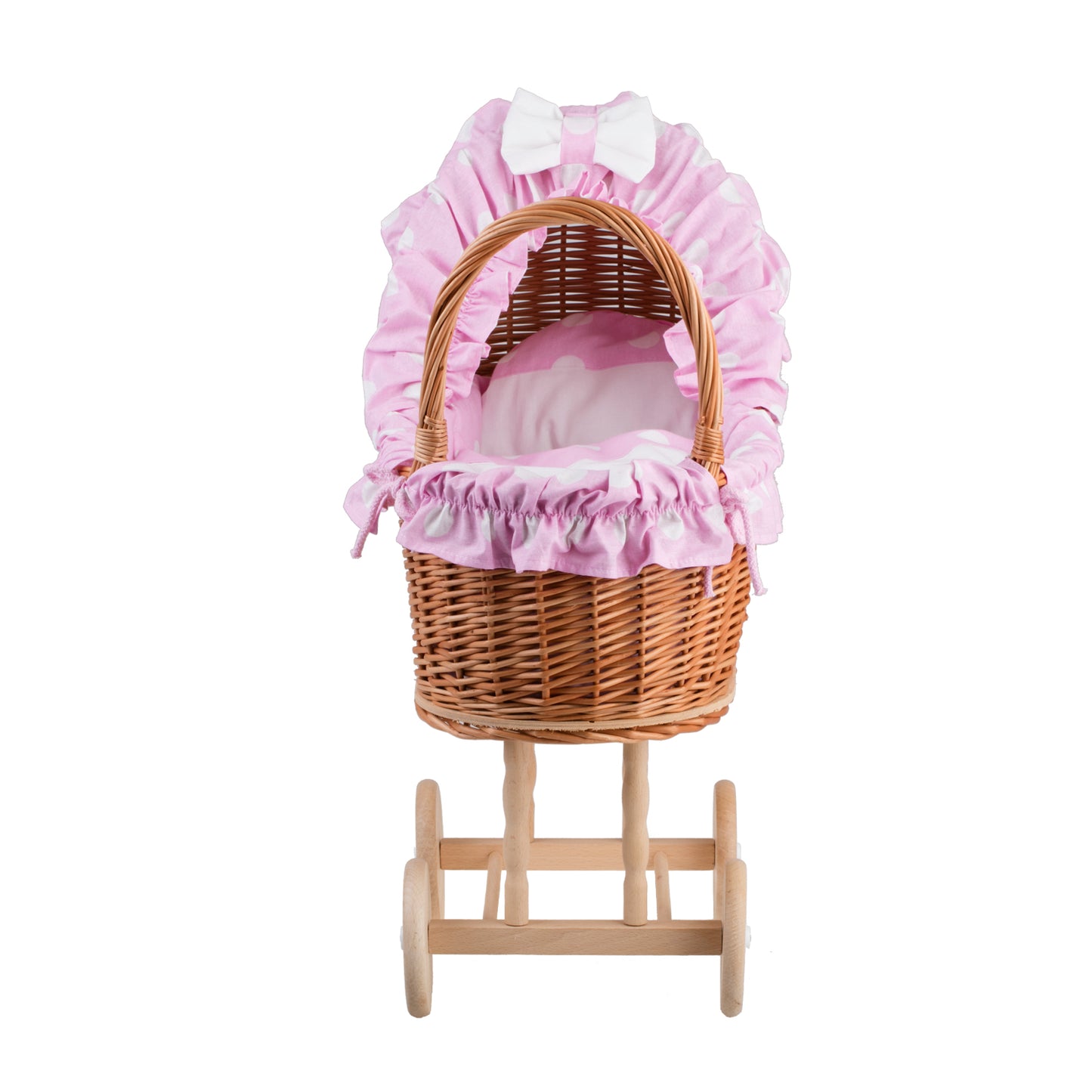 Lulu coche de mimbre para muñecas con ribete rosa, edredón y almohada