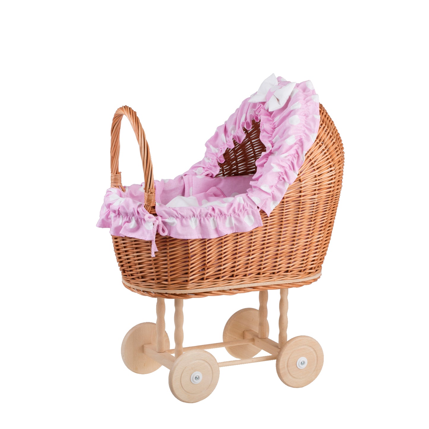 Lulu coche de mimbre para muñecas con ribete rosa, edredón y almohada