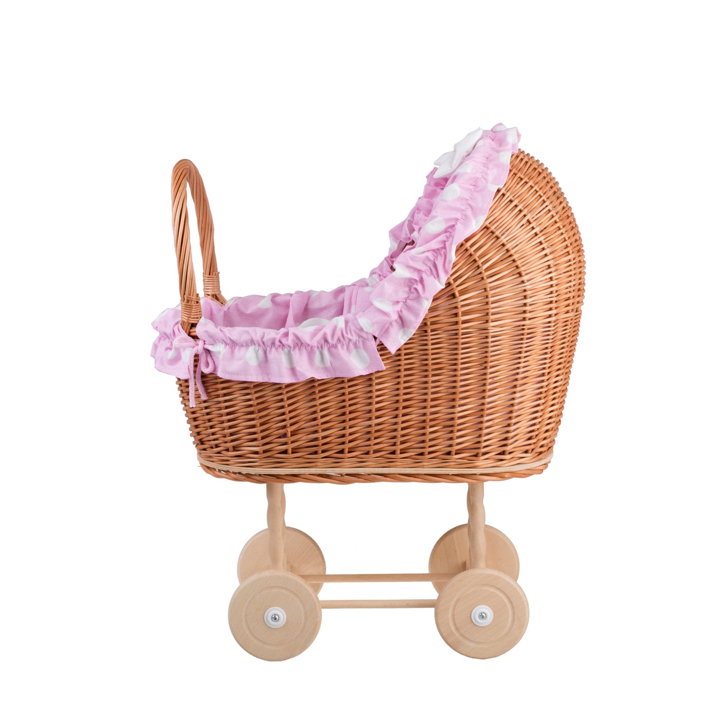 Lulu coche de mimbre para muñecas con ribete rosa, edredón y almohada