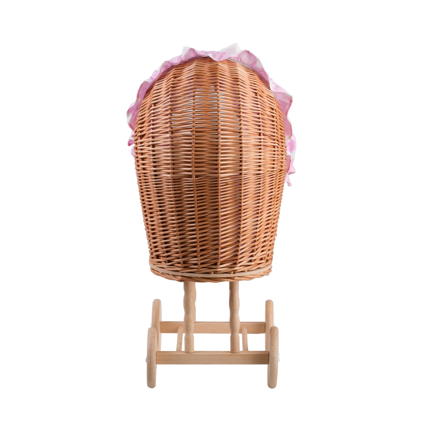 Lulu coche de mimbre para muñecas con ribete rosa, edredón y almohada