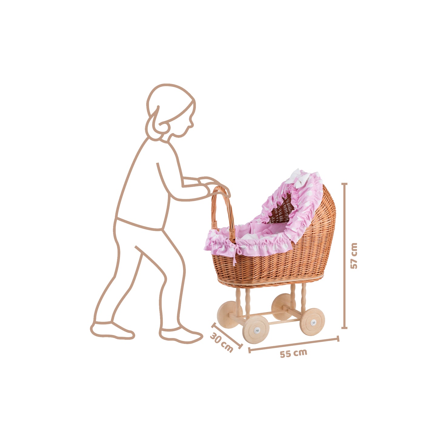 Lulu coche de mimbre para muñecas con ribete rosa, edredón y almohada
