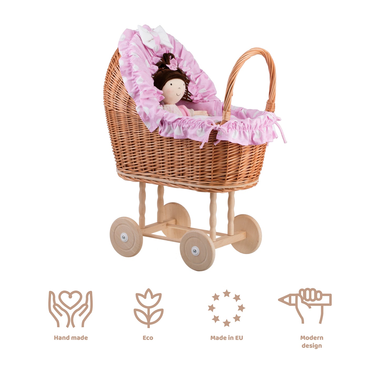 Lulu coche de mimbre para muñecas con ribete rosa, edredón y almohada