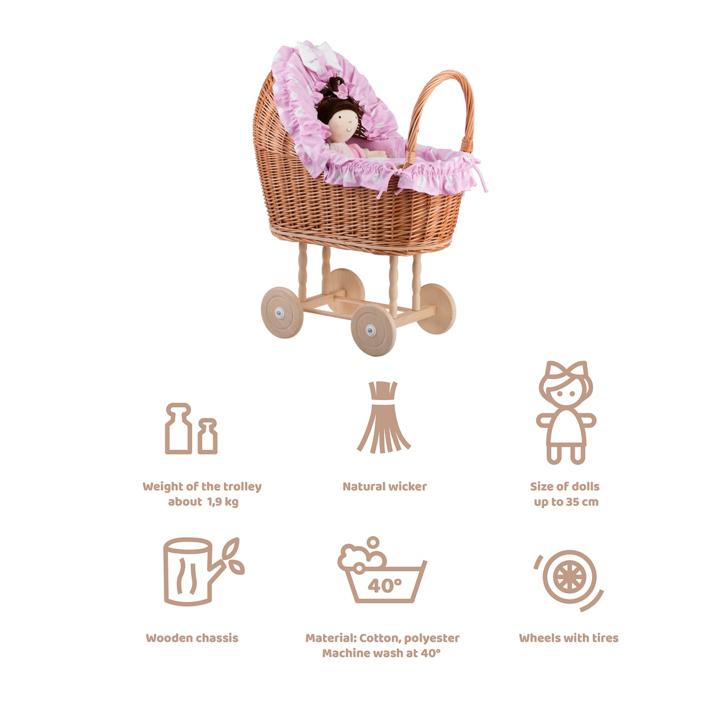 Lulu coche de mimbre para muñecas con ribete rosa, edredón y almohada