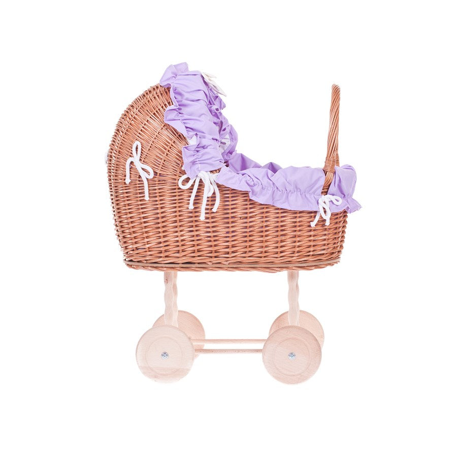Lulu poussette en osier pour poupée avec bordure violette, couverture et coussin