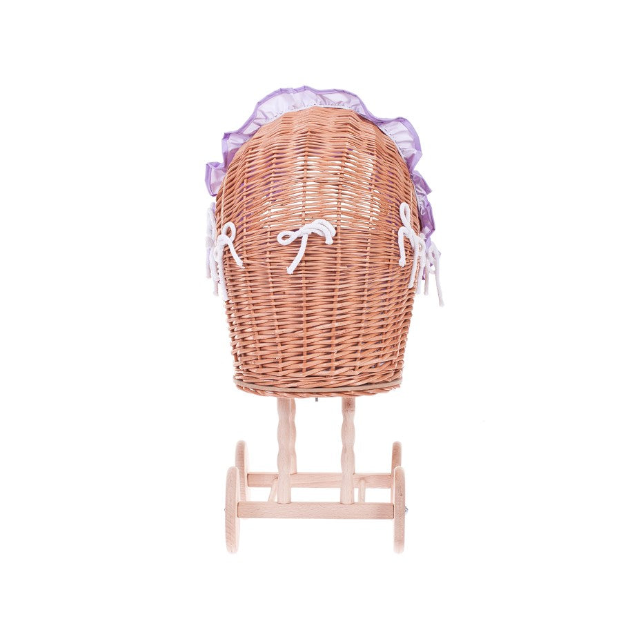Lulu poussette en osier pour poupée avec bordure violette, couverture et coussin