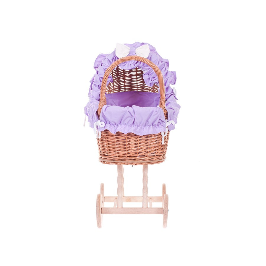 Lulu poussette en osier pour poupée avec bordure violette, couverture et coussin