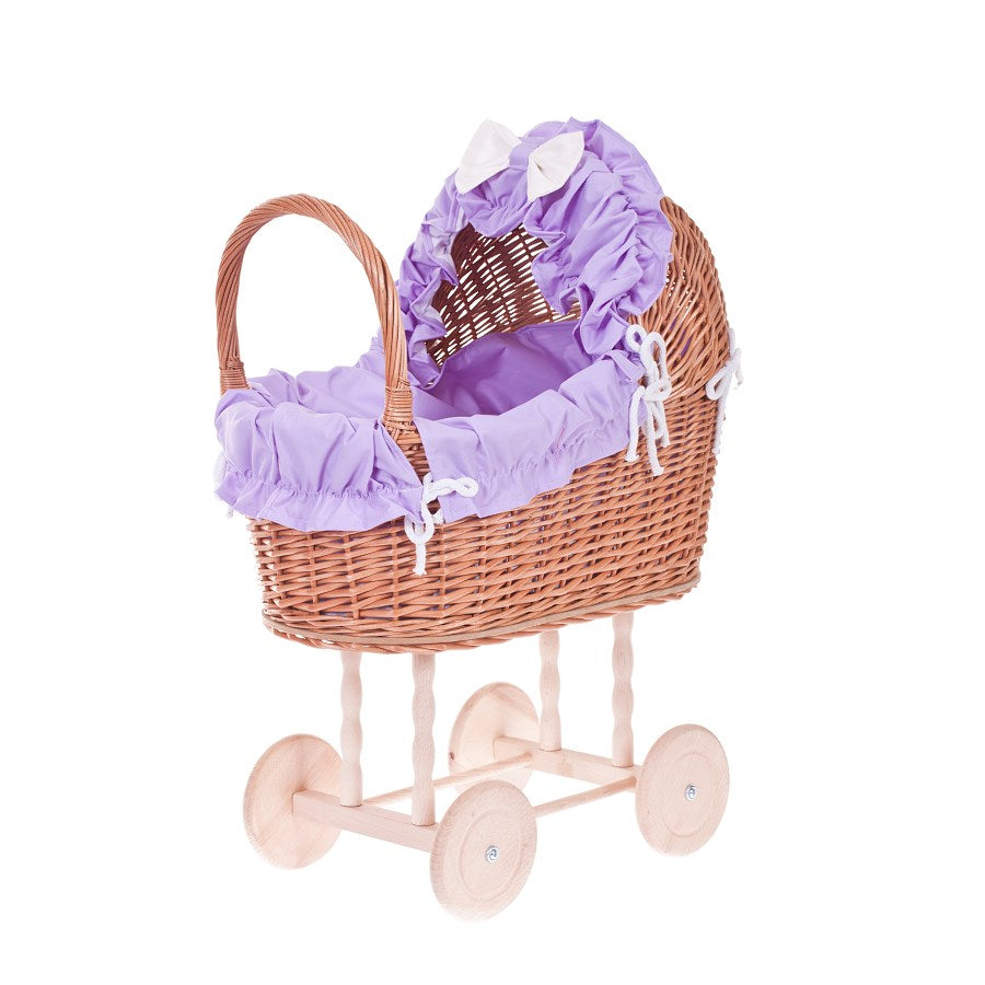 Lulu poussette en osier pour poupée avec bordure violette, couverture et coussin