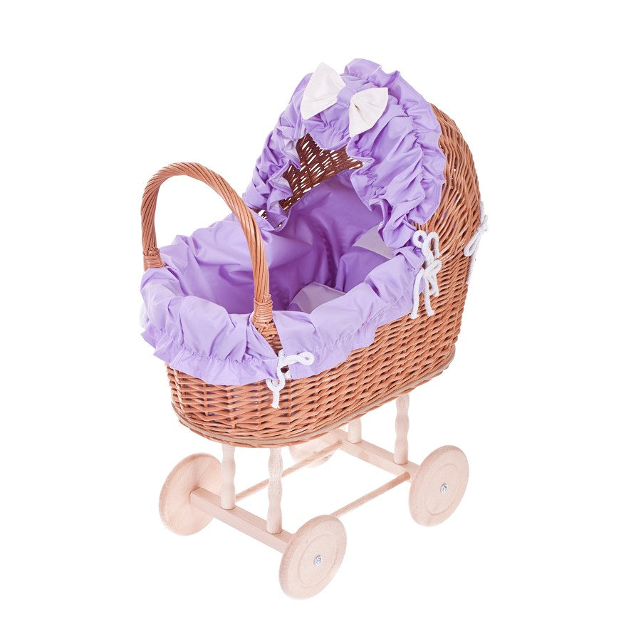Lulu poussette en osier pour poupée avec bordure violette, couverture et coussin