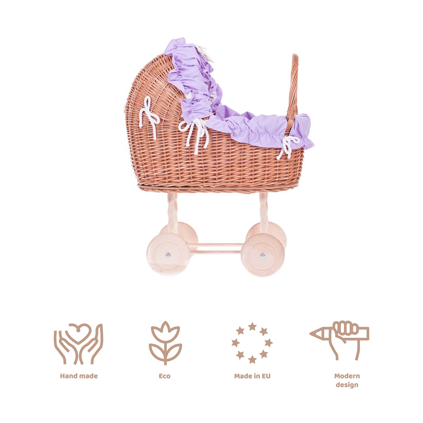 Lulu poussette en osier pour poupée avec bordure violette, couverture et coussin