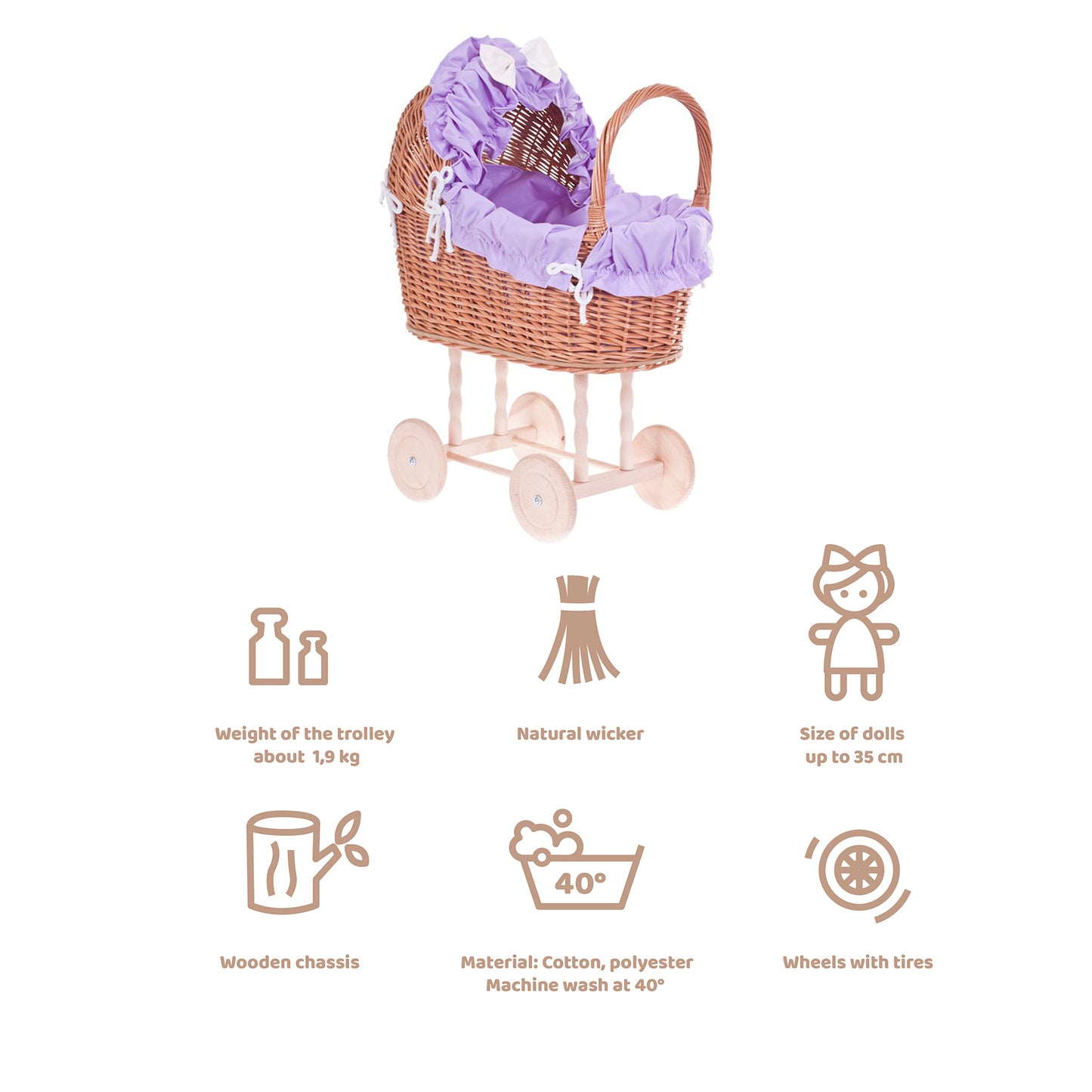Lulu poussette en osier pour poupée avec bordure violette, couverture et coussin