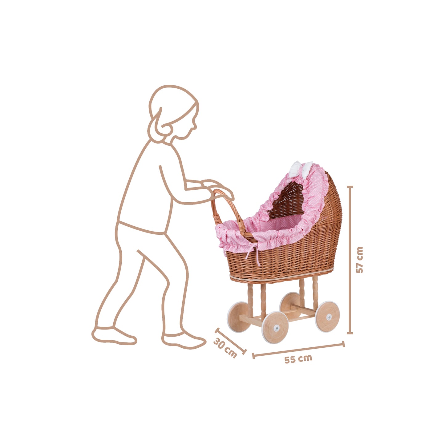 Lulu coche de mimbre para muñecas con ribete rosa, edredón y almohada