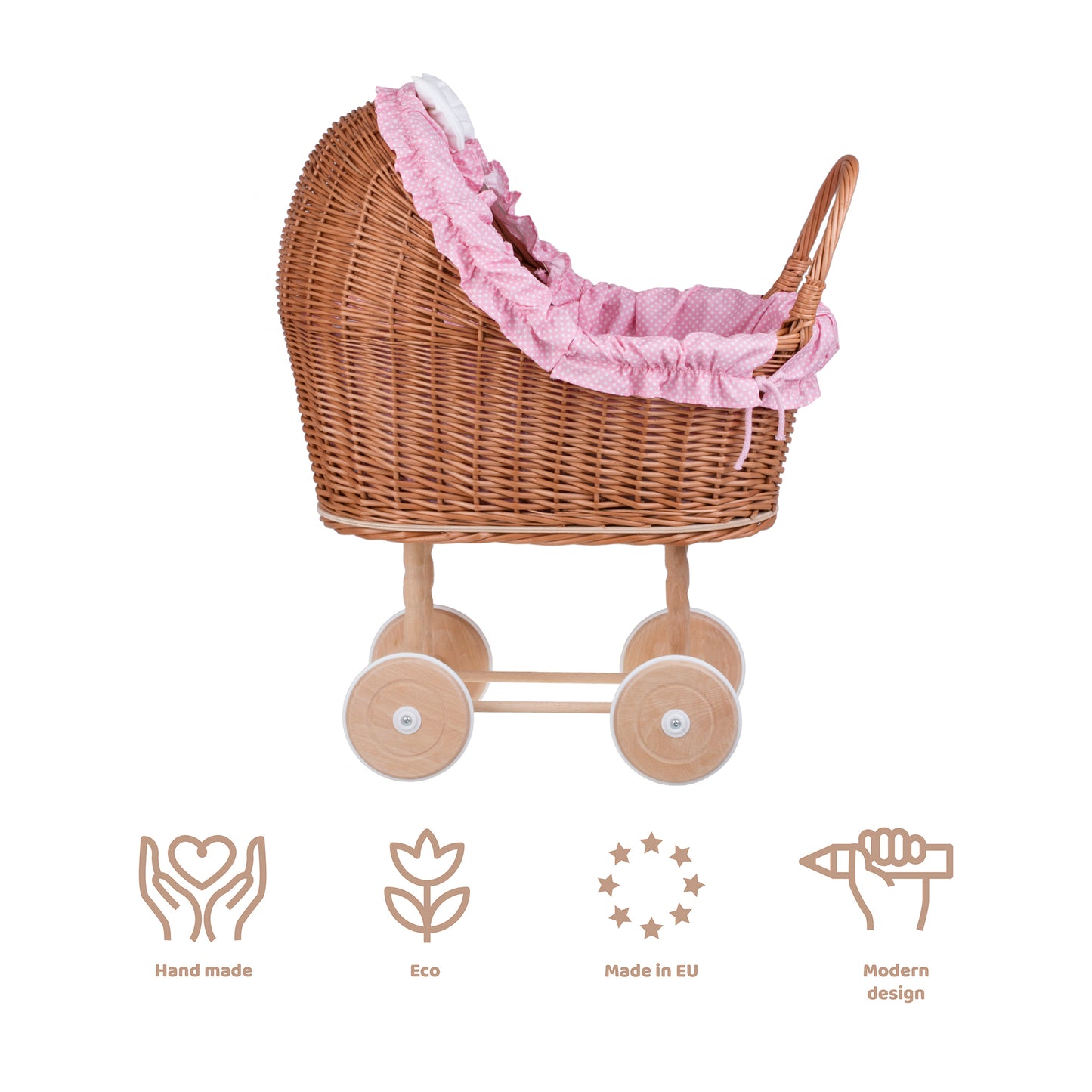 Lulu coche de mimbre para muñecas con ribete rosa, edredón y almohada