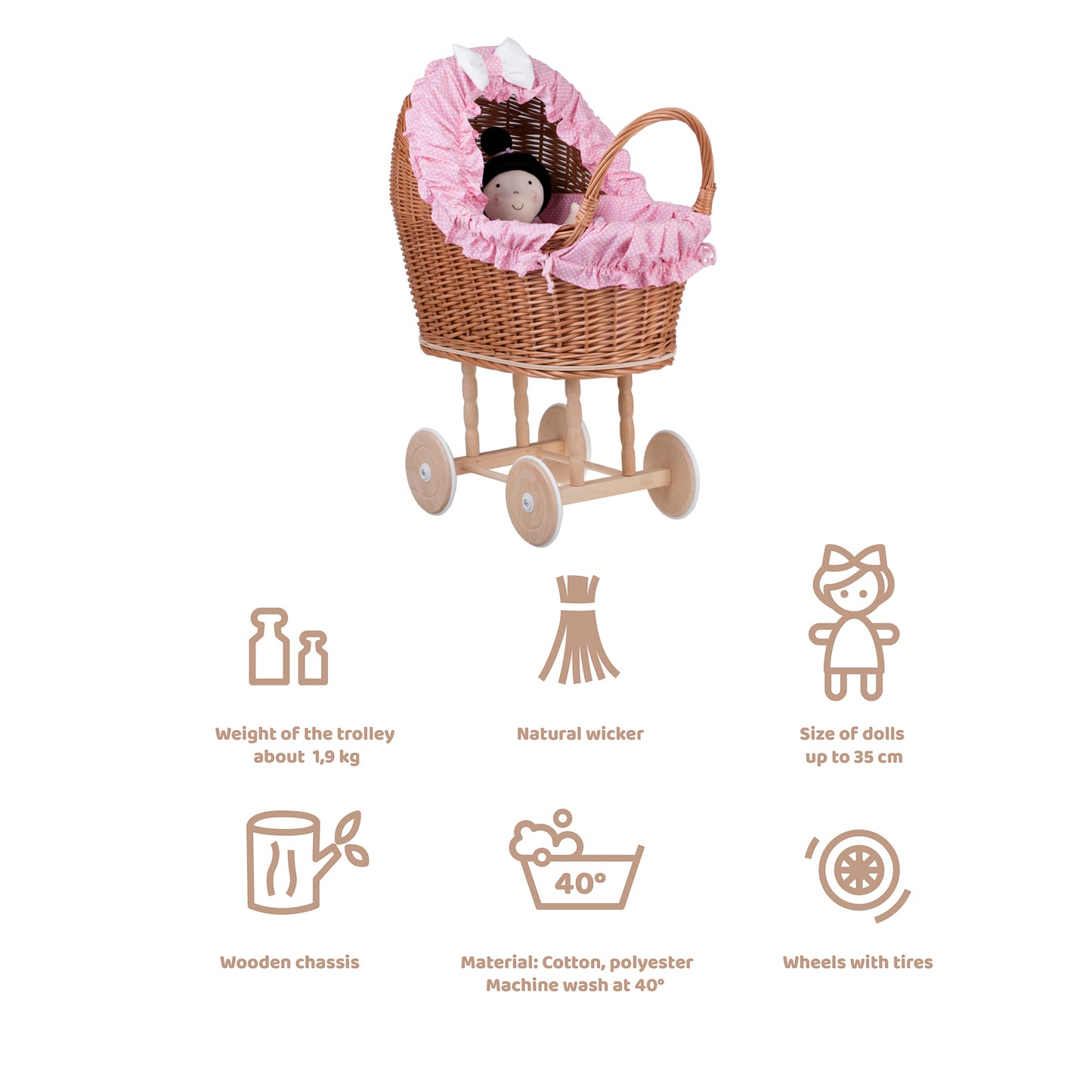 Lulu coche de mimbre para muñecas con ribete rosa, edredón y almohada
