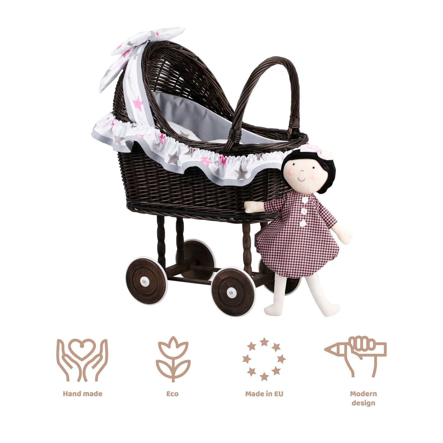 Lulu poussette en osier pour poupée avec garniture grise, couverture et coussin