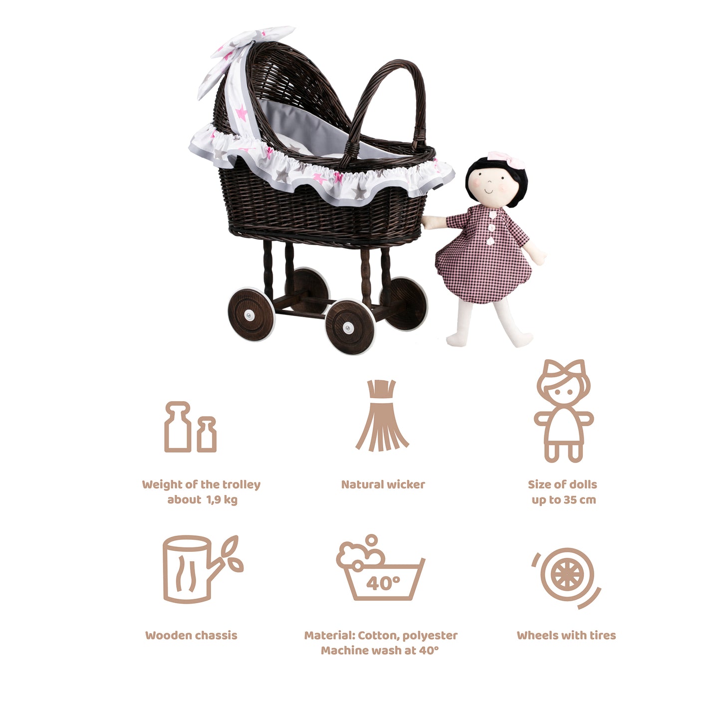 Lulu poussette en osier pour poupée avec garniture grise, couverture et coussin