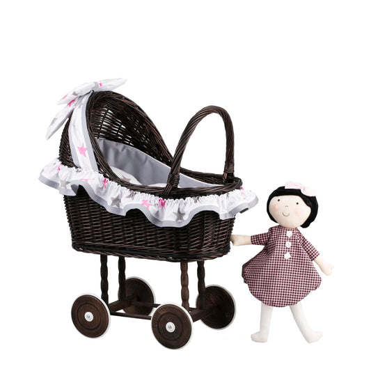Lulu wicker doll stroller with gray trim, blanket, and pillow TheWickerStories