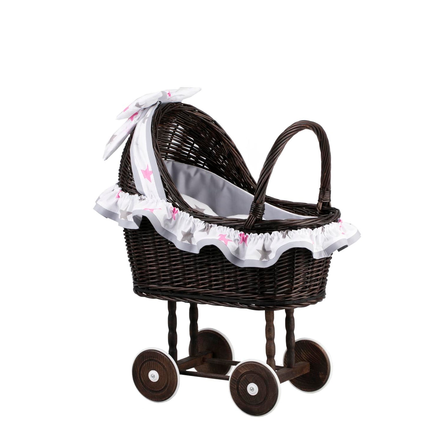 Lulu poussette en osier pour poupée avec garniture grise, couverture et coussin