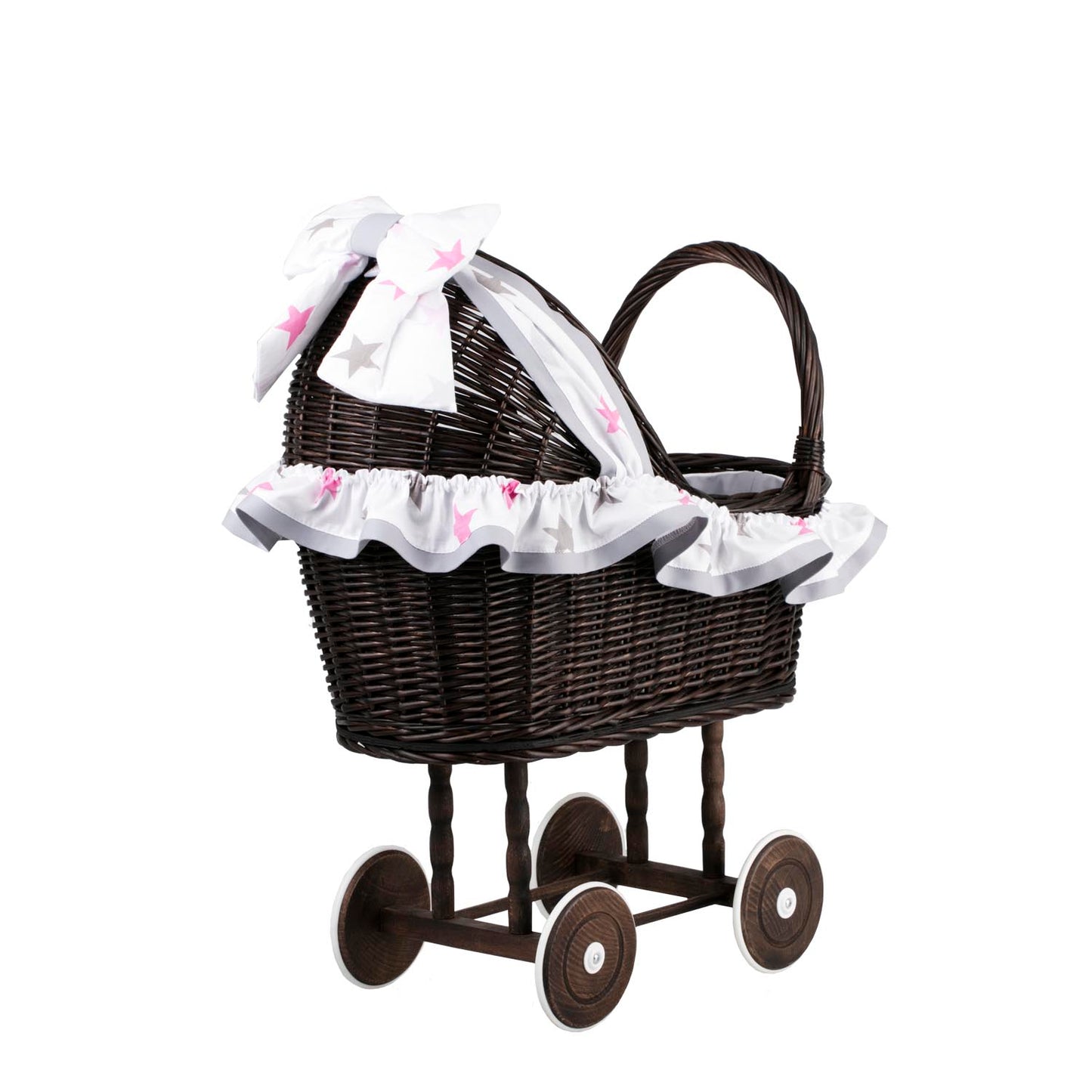 Lulu poussette en osier pour poupée avec garniture grise, couverture et coussin