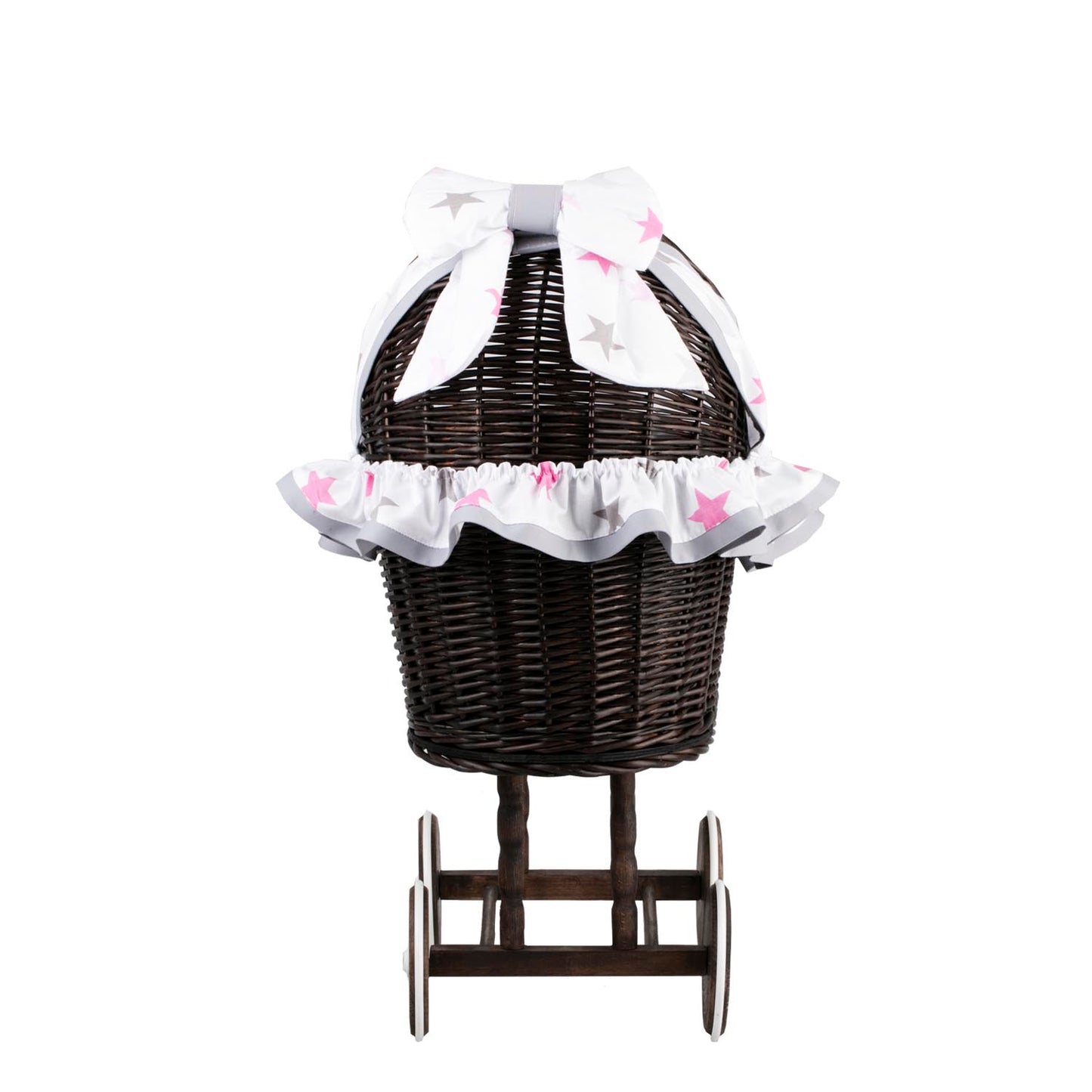 Lulu poussette en osier pour poupée avec garniture grise, couverture et coussin