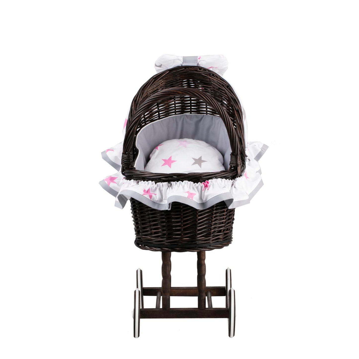 Lulu poussette en osier pour poupée avec garniture grise, couverture et coussin