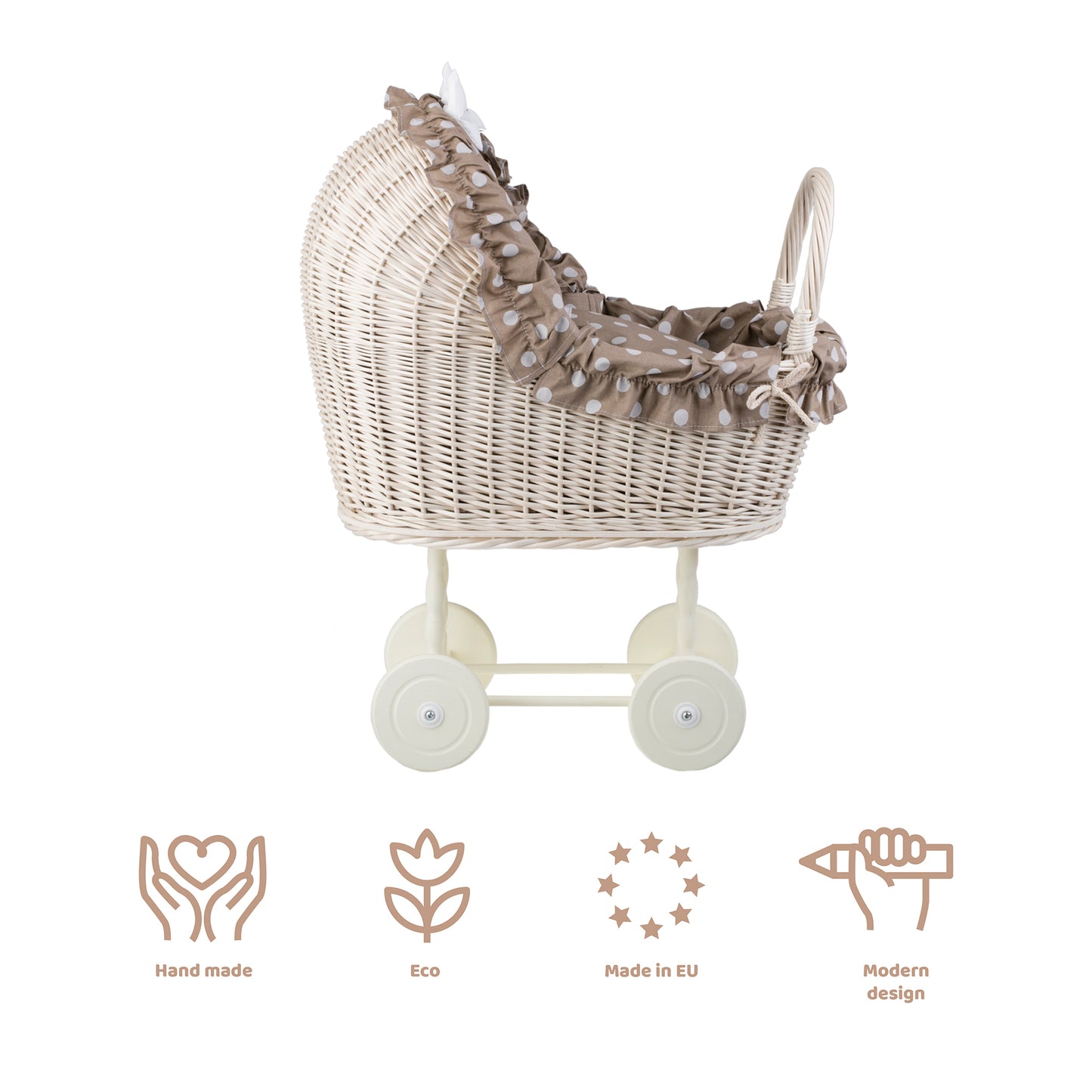 Lulu wicker doll stroller with beige trim, blanket, and pillow