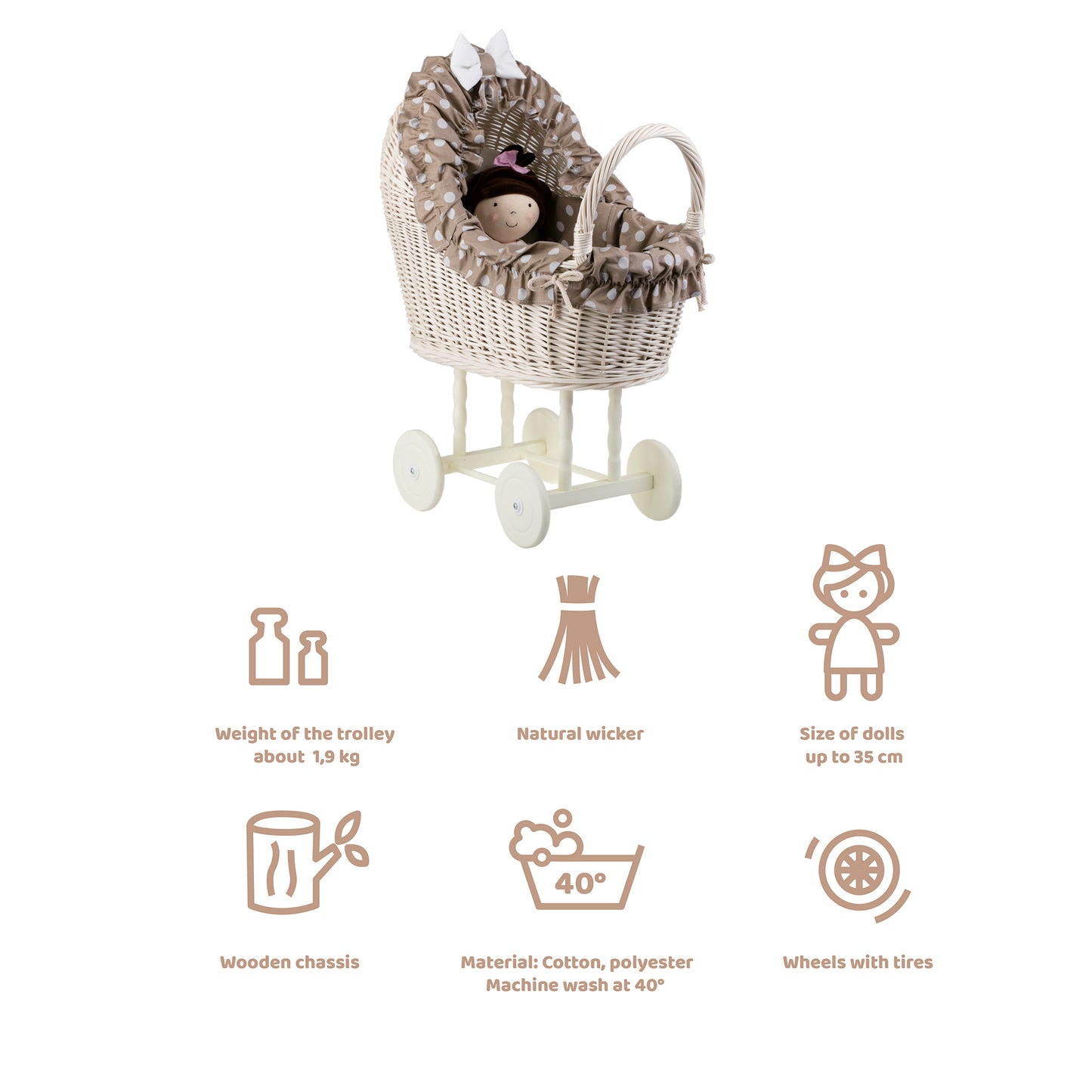 Lulu wicker doll stroller with beige trim, blanket, and pillow