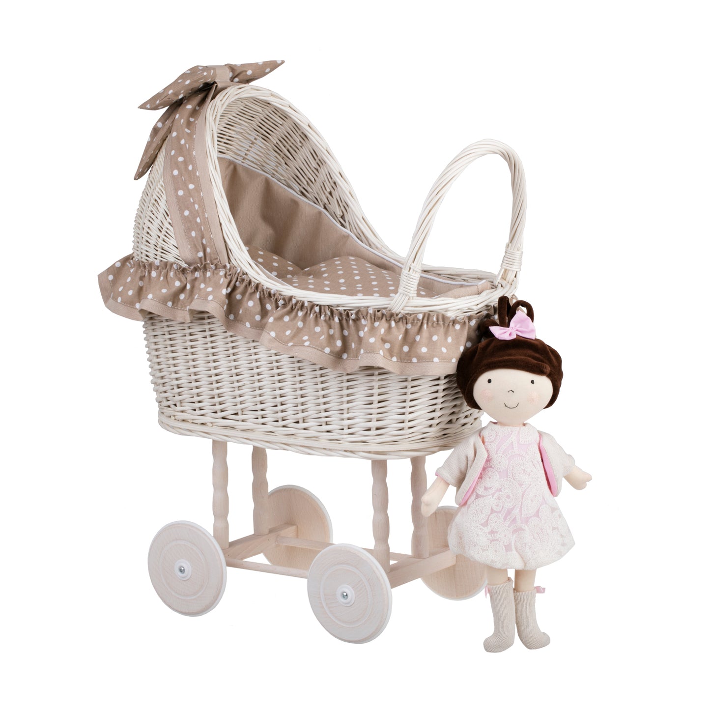 Lulu viklekurv barnevogn med beige kanting, dyne og pute