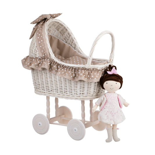 Lulu wicker doll stroller with beige trim, blanket, and pillow TheWickerStories