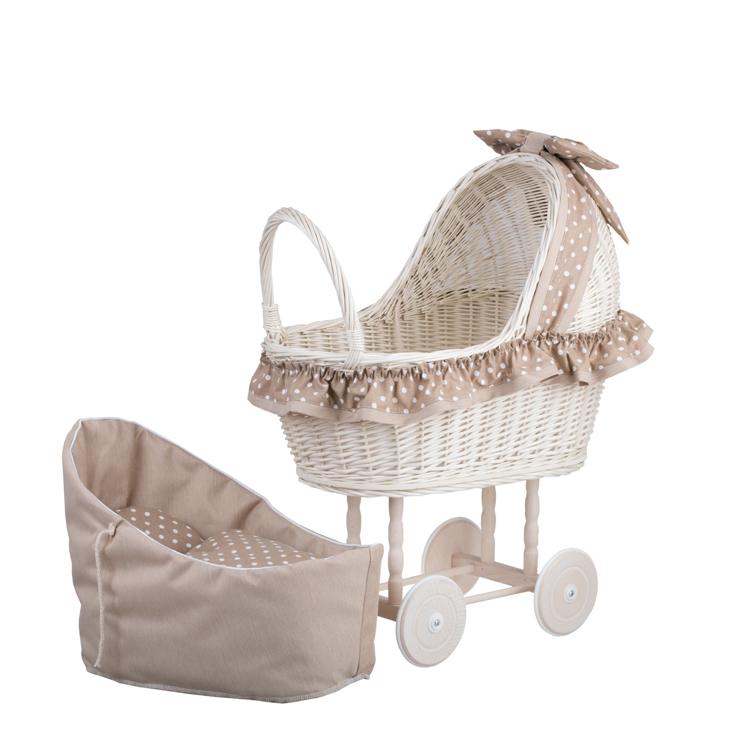 Lulu wicker doll stroller with beige trim, blanket, and pillow TheWickerStories