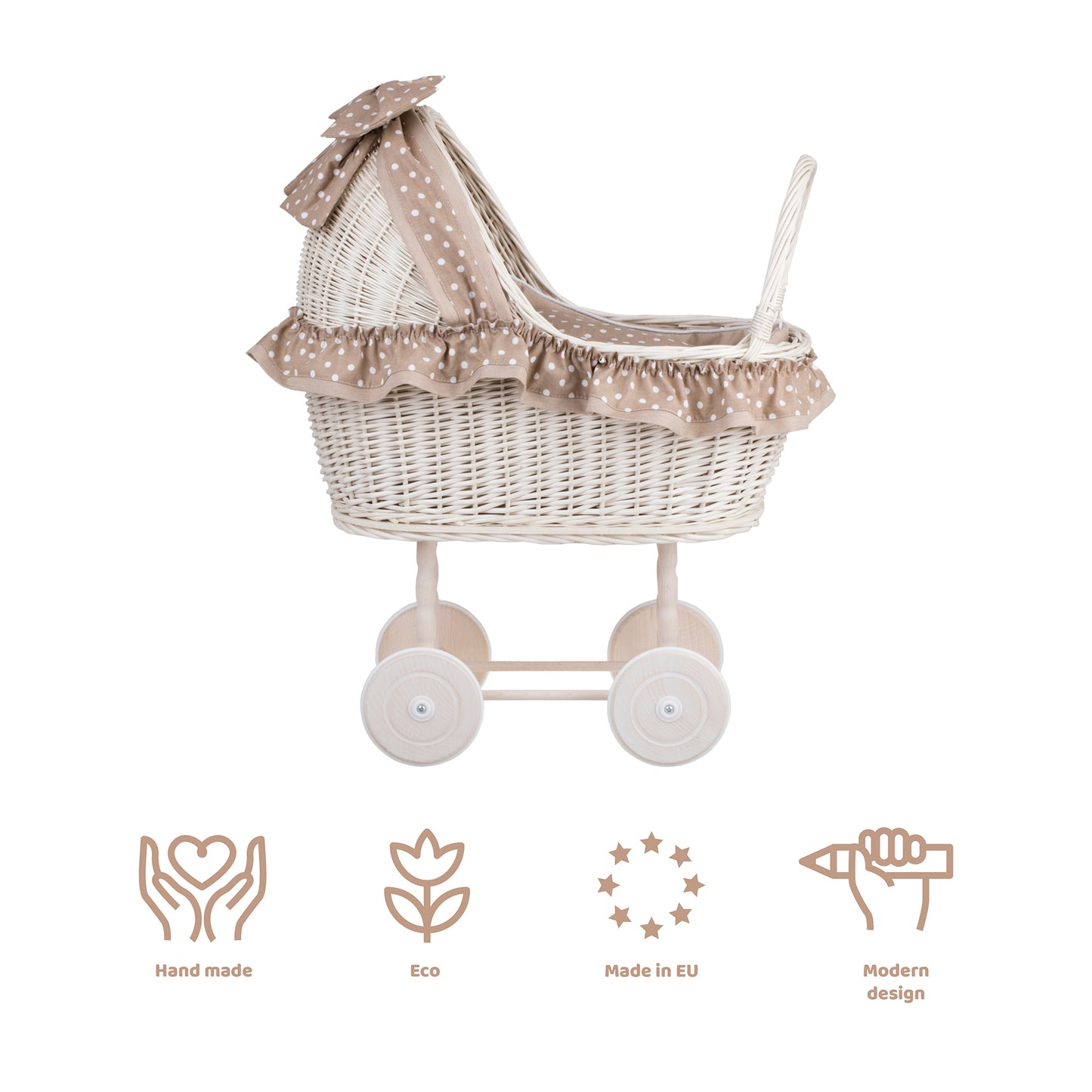 Lulu viklekurv barnevogn med beige kanting, dyne og pute