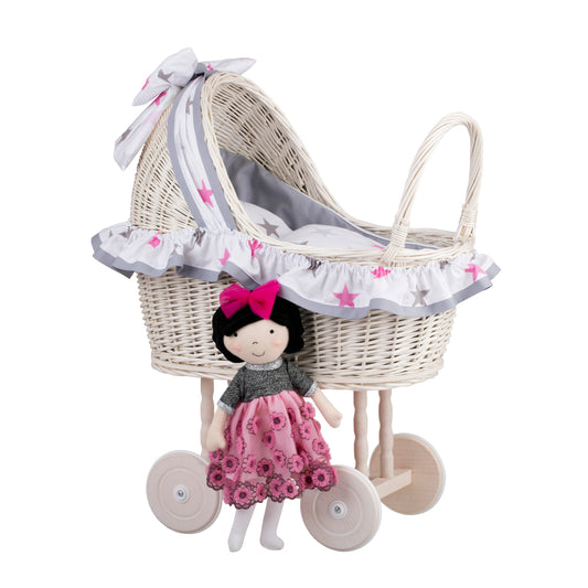 Lulu wicker doll stroller with gray trim, blanket, and pillow TheWickerStories