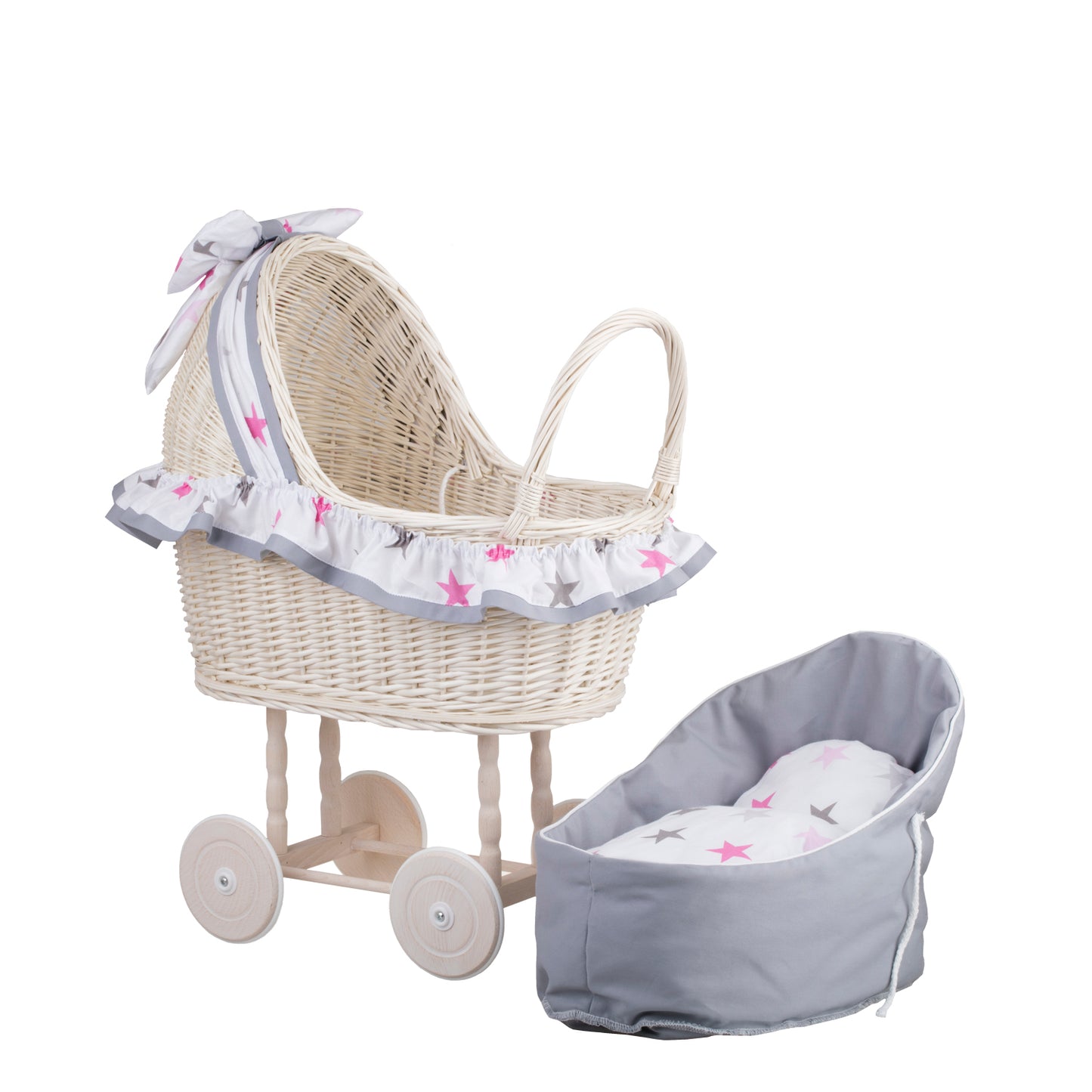Lulu wicker doll stroller with gray trim, blanket, and pillow TheWickerStories