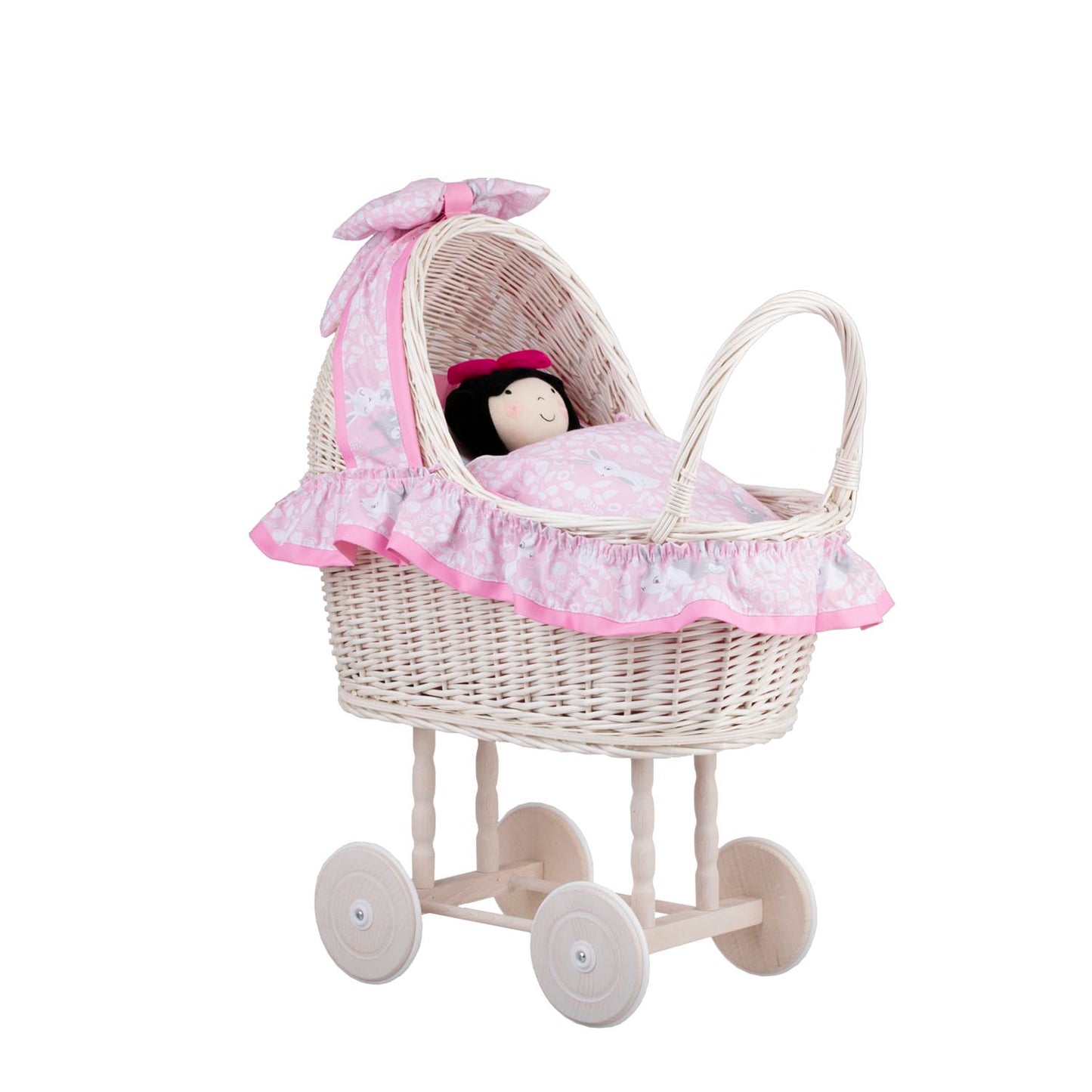 Lulu wicker doll stroller with pink trim, blanket, and pillow