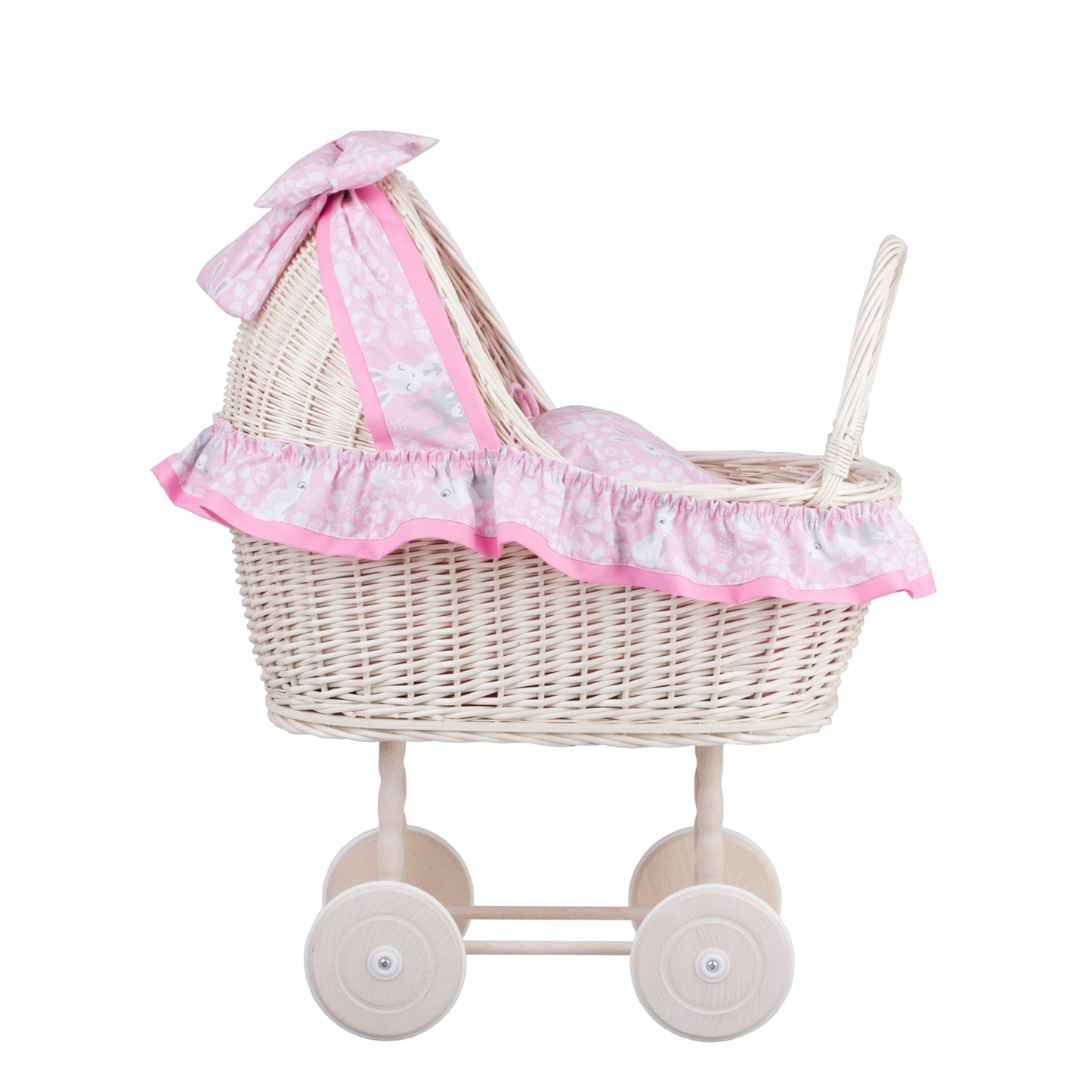 Lulu wicker doll stroller with pink trim, blanket, and pillow