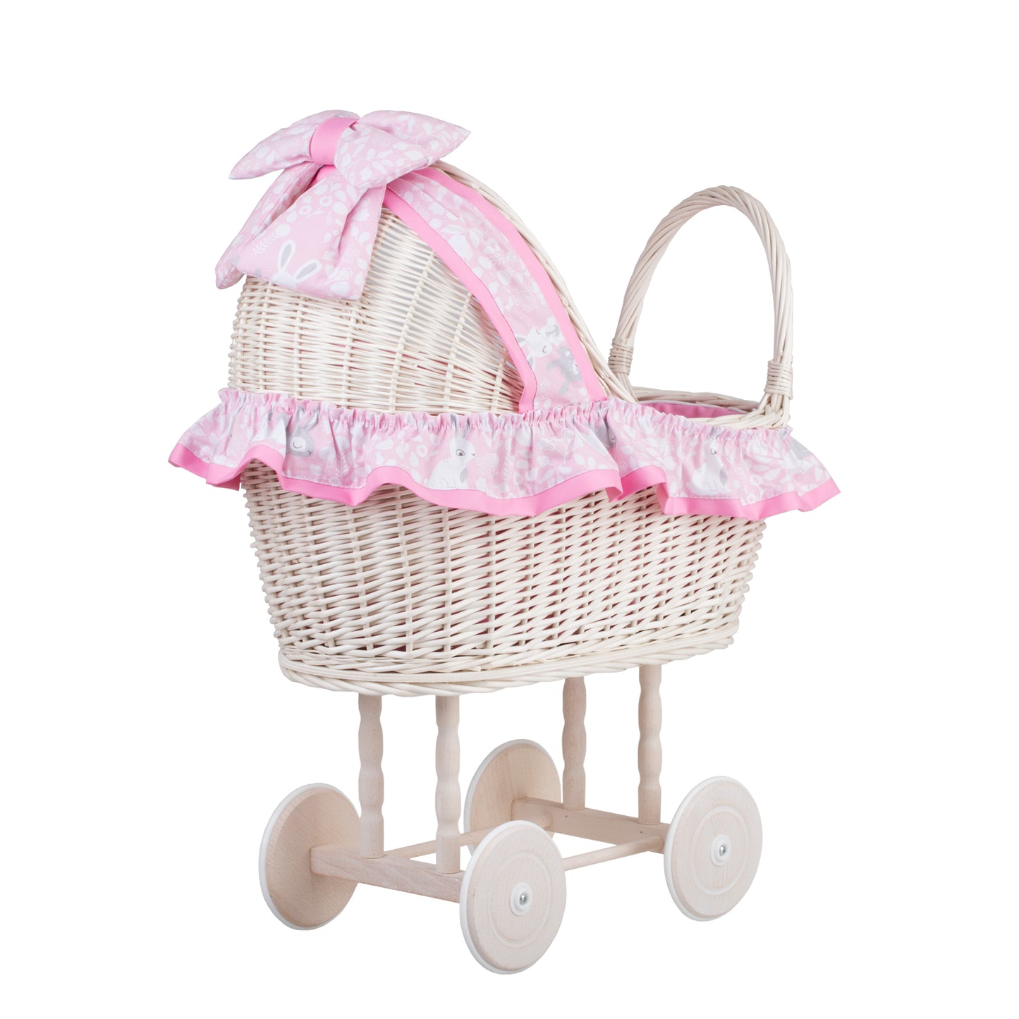 Lulu wicker doll stroller with pink trim, blanket, and pillow