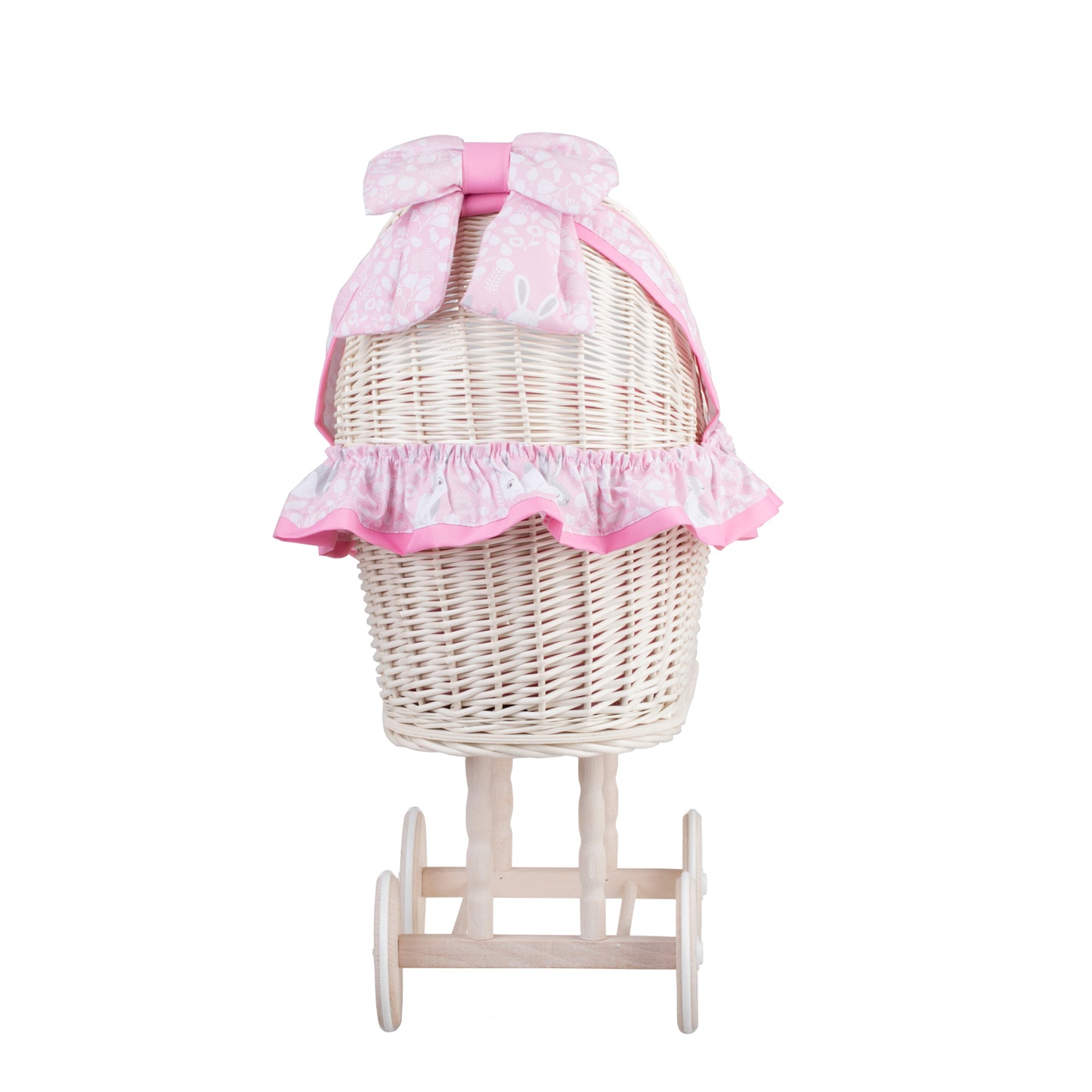 Lulu wicker doll stroller with pink trim, blanket, and pillow