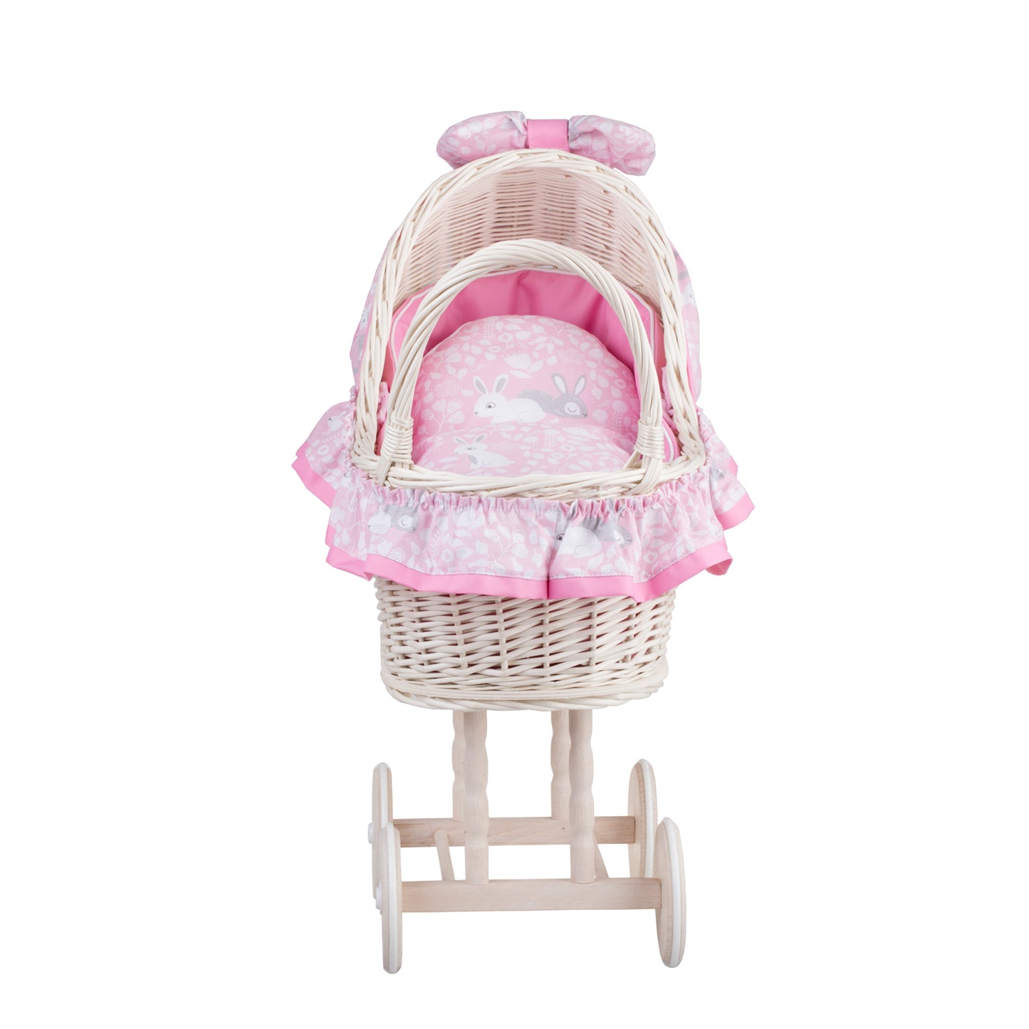 Lulu wicker doll stroller with pink trim, blanket, and pillow