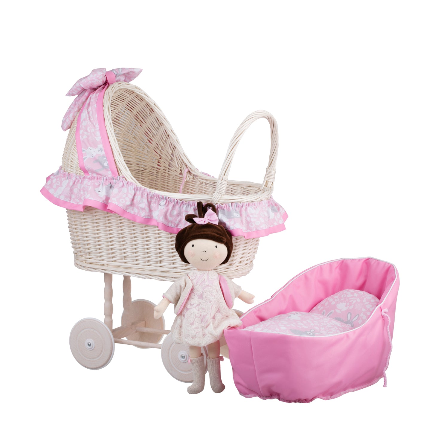 Lulu wicker doll stroller with pink trim, blanket, and pillow