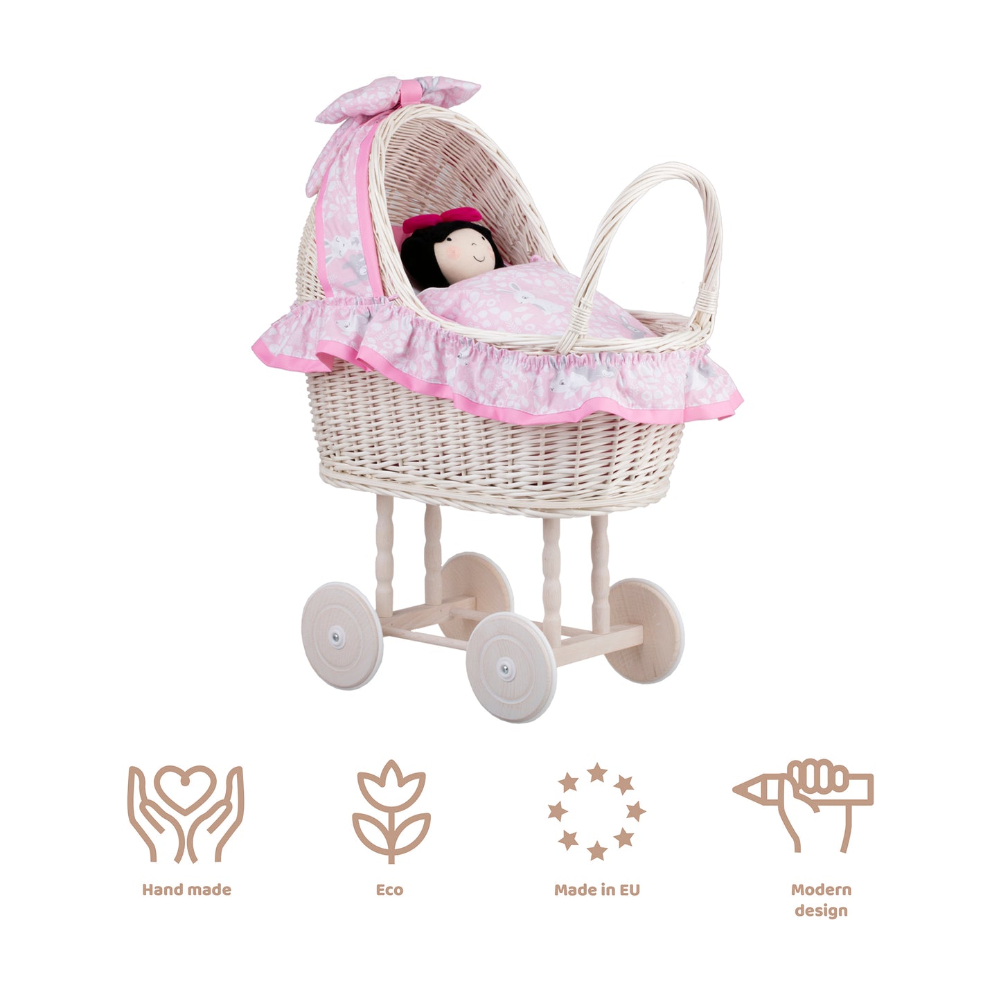 Lulu wicker doll stroller with pink trim, blanket, and pillow
