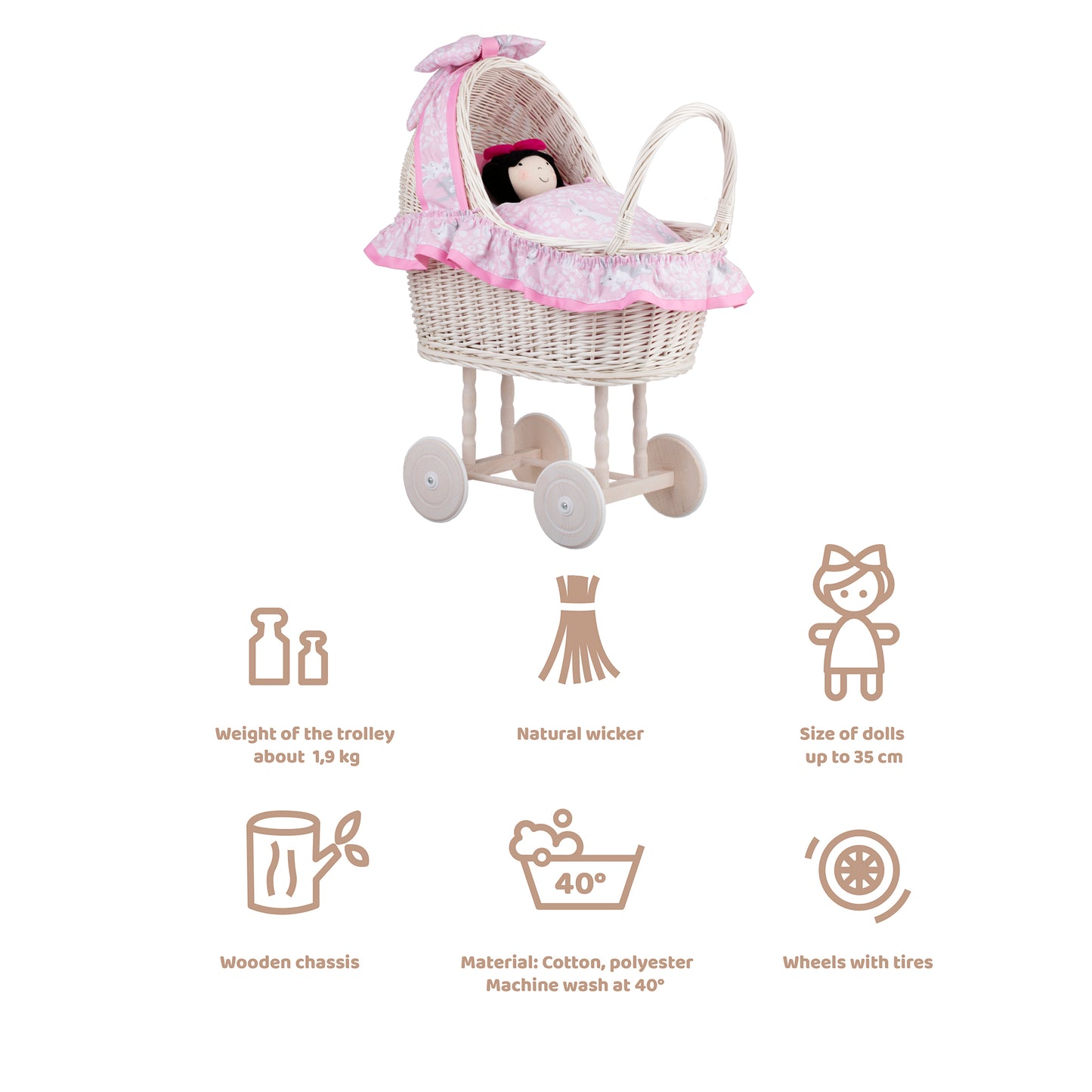 Lulu wicker doll stroller with pink trim, blanket, and pillow