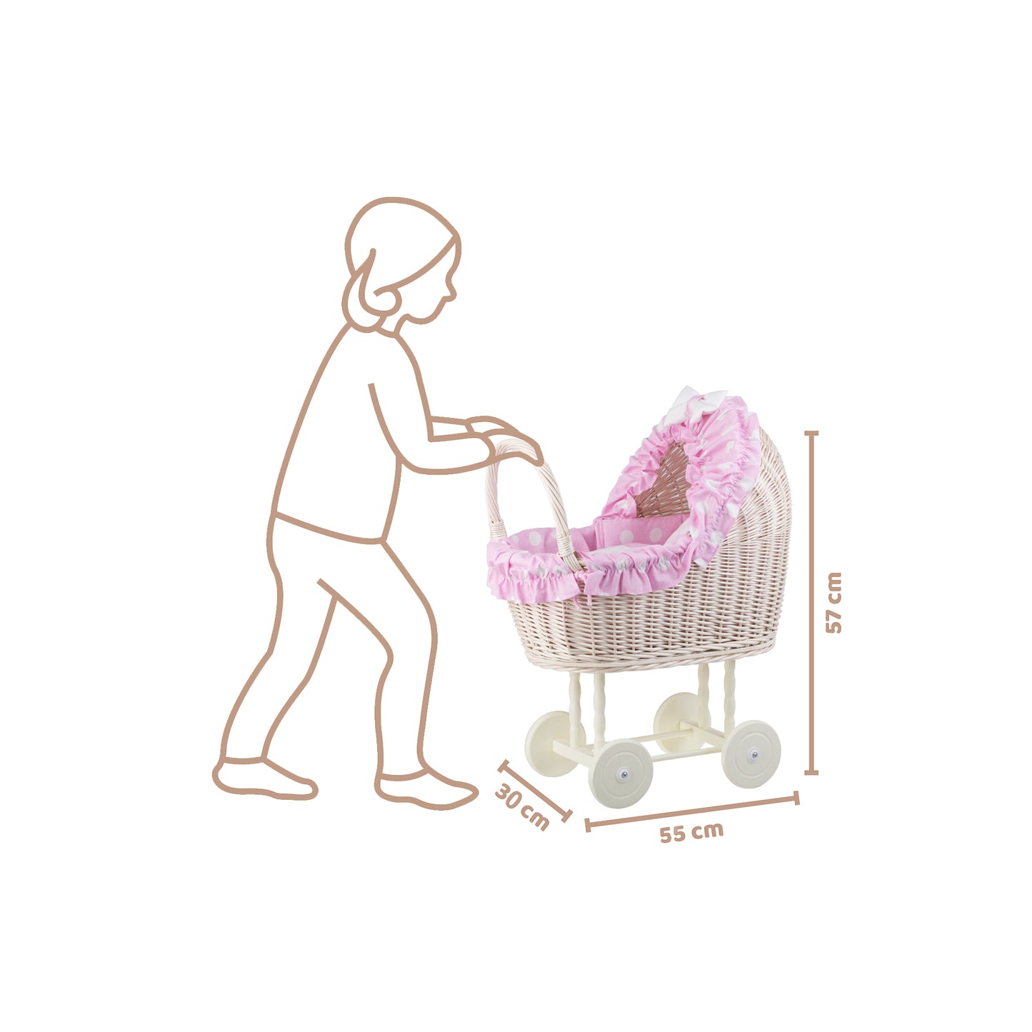 Lulu carrinho de vime para bonecas com acabamento rosa, cobertor e almofada