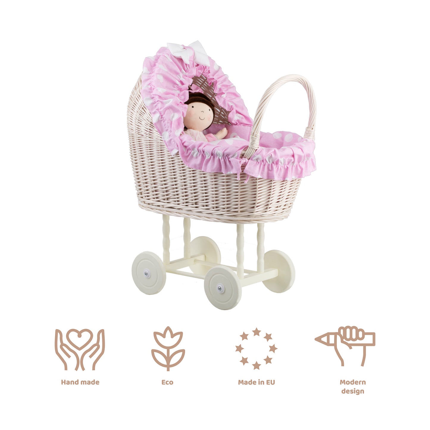 Lulu carrinho de vime para bonecas com acabamento rosa, cobertor e almofada
