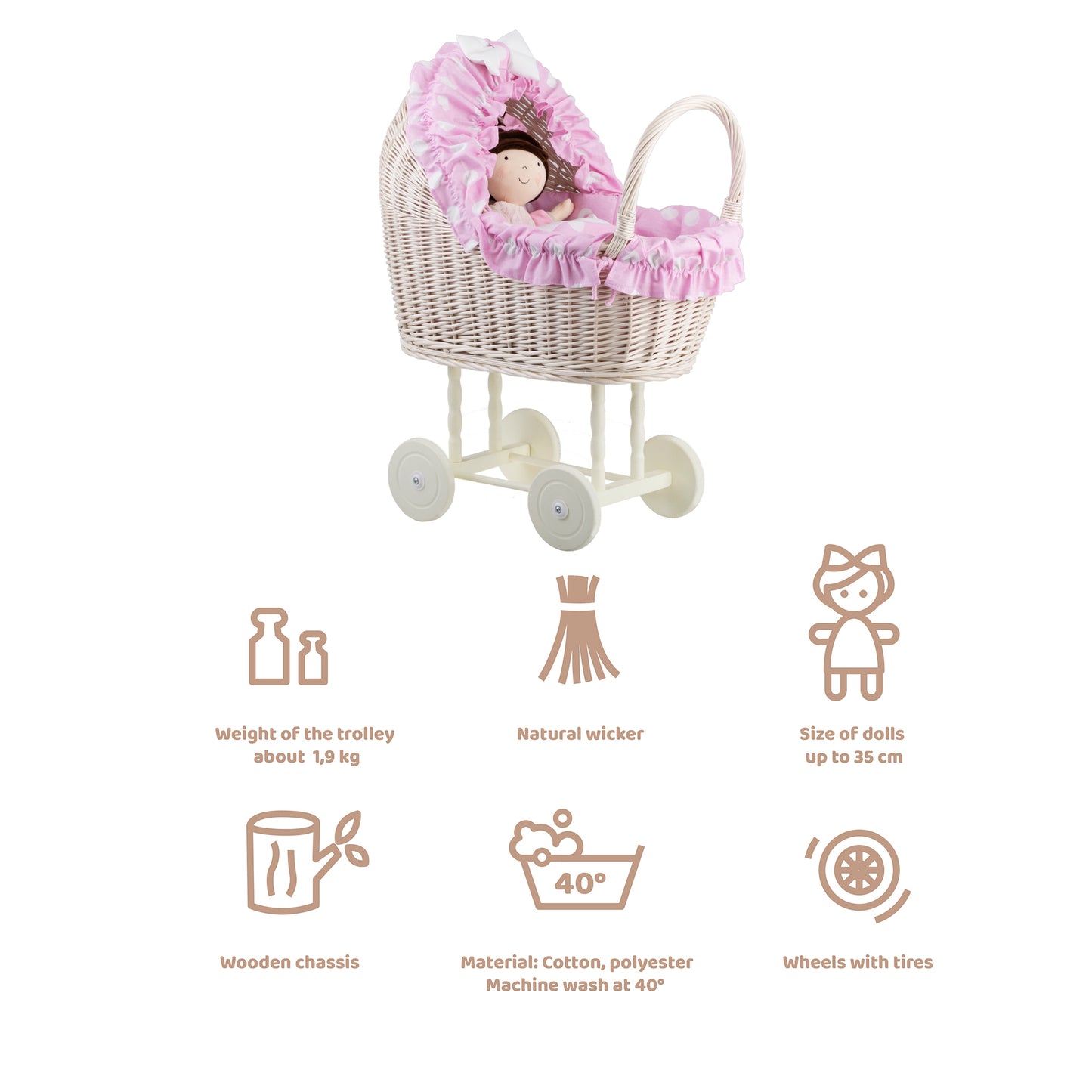 Lulu carrinho de vime para bonecas com acabamento rosa, cobertor e almofada