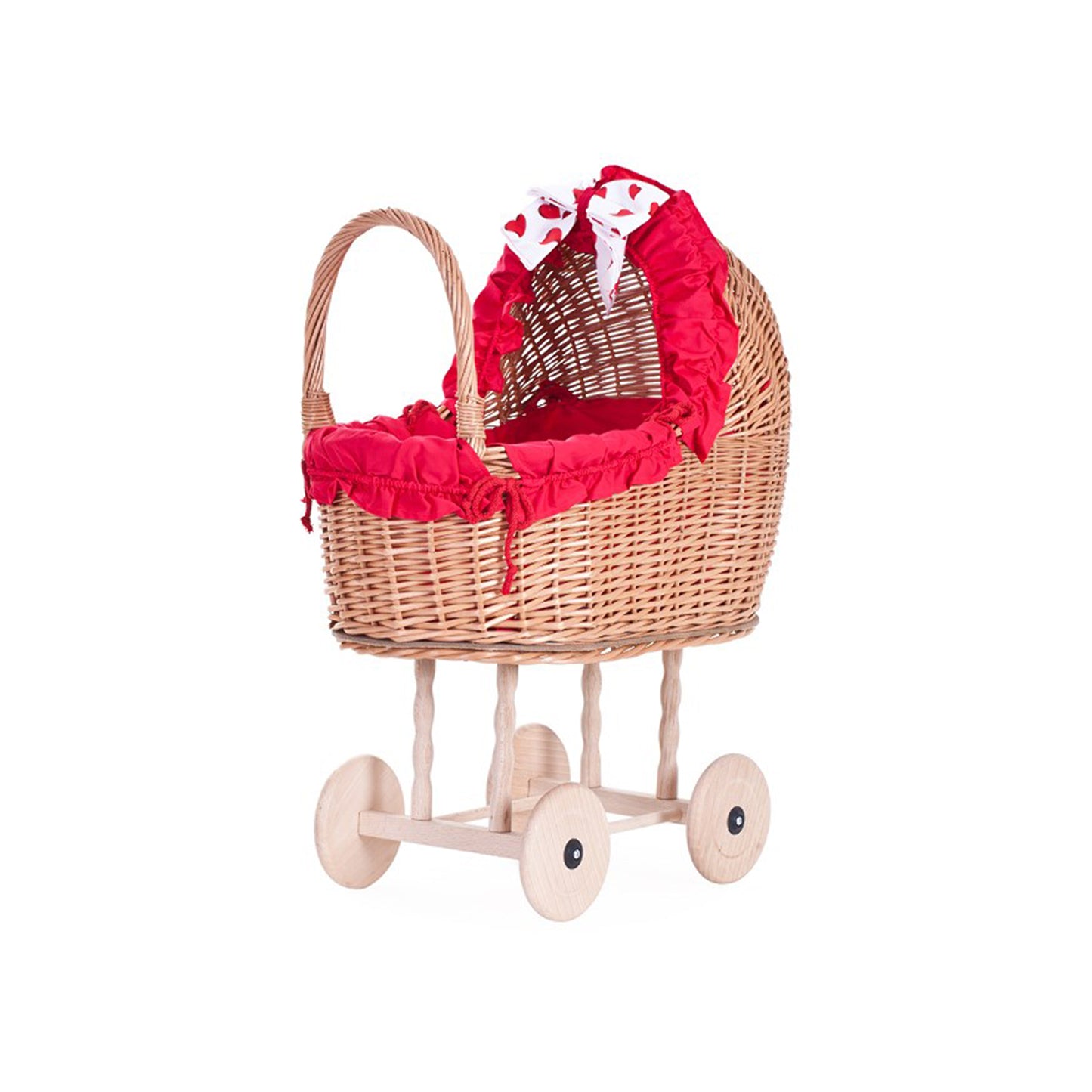 Lulu pletarski voziček za punčke z rdečim obrobkom, odejico in blazino TheWickerStories