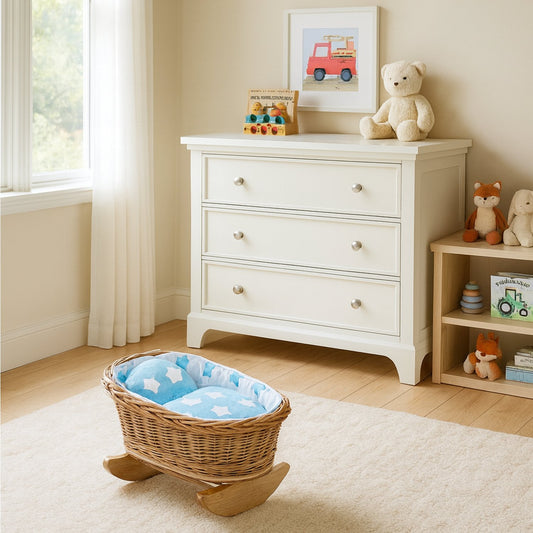 Mimi wicker cradle for dolls with blue lining, pillow and duvet TheWickerStories